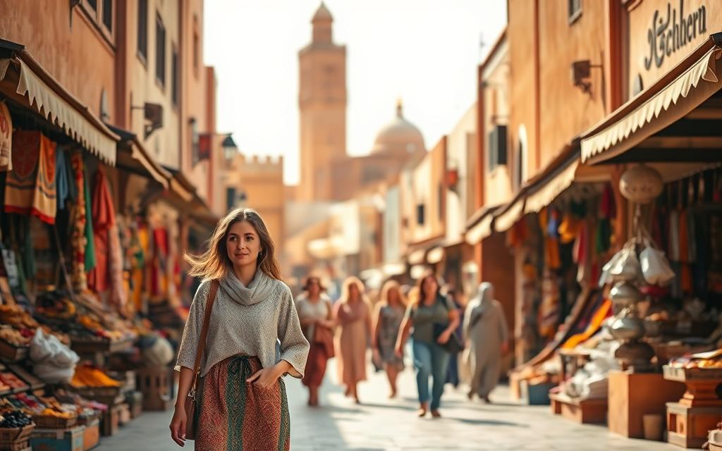 A serene Moroccan street scene in soft, warm light. In the foreground, a woman in traditional dress navigates the bustling marketplace, her confident stride and attentive gaze conveying a sense of comfort and familiarity. In the middle ground, other female travelers move through the labyrinth of stalls, exploring the vibrant textiles, spices, and handicrafts. The background is dotted with towering, ochre-hued buildings, their ornate architecture and intricate details evoking the rich cultural heritage of the country. An overall atmosphere of safety, exploration, and cultural immersion. A serene Moroccan street scene in soft, warm light. In the foreground, a woman in traditional dress navigates the bustling marketplace, her confident stride and attentive gaze conveying a sense of comfort and familiarity. In the middle ground, other female travelers move through the labyrinth of stalls, exploring the vibrant textiles, spices, and handicrafts. The background is dotted with towering, ochre-hued buildings, their ornate architecture and intricate details evoking the rich cultural heritage of the country. An overall atmosphere of safety, exploration, and cultural immersion.