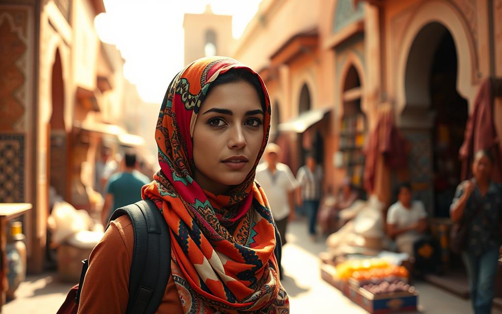 A vibrant scene of a female traveler exploring the vibrant streets of Marrakech, Morocco. In the foreground, a young woman in a colorful headscarf confidently navigates the bustling souks, her gaze alert yet serene. Surrounding her, the rich tapestry of Moroccan architecture - ornate doorways, intricate tilework, and warm, earthy tones. In the middle ground, local vendors hawk their wares, creating a lively, immersive atmosphere. The background is hazy with the gentle, golden light of the North African sun, casting a dreamlike, cinematic quality over the scene. The overall mood conveys a sense of cultural immersion, personal empowerment, and the exhilaration of solo female travel in this enchanting, alluring destination. A vibrant scene of a female traveler exploring the vibrant streets of Marrakech, Morocco. In the foreground, a young woman in a colorful headscarf confidently navigates the bustling souks, her gaze alert yet serene. Surrounding her, the rich tapestry of Moroccan architecture - ornate doorways, intricate tilework, and warm, earthy tones. In the middle ground, local vendors hawk their wares, creating a lively, immersive atmosphere. The background is hazy with the gentle, golden light of the North African sun, casting a dreamlike, cinematic quality over the scene. The overall mood conveys a sense of cultural immersion, personal empowerment, and the exhilaration of solo female travel in this enchanting, alluring destination.