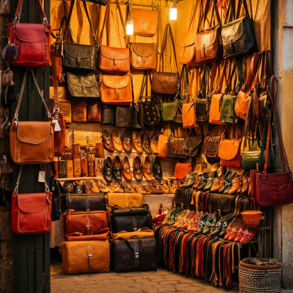 A bustling leather goods shop in the heart of Marrakech's renowned tannery district, sunlight filtering through intricate mashrabiya screens, casting a warm glow on neatly displayed leather goods. In the foreground, a display of handcrafted leather belts, pouches, and handbags in rich, earthy tones, the craftsmanship evident in the intricate stitching and supple texture. In the middle ground, a skilled artisan meticulously works a piece of leather, shaping it into a beautiful Moroccan slipper. Behind them, the iconic red-tiled roofs and minaret of the Koutoubia Mosque visible through the open doorway, a testament to the cultural heritage of this vibrant city. what to buy in marrakech