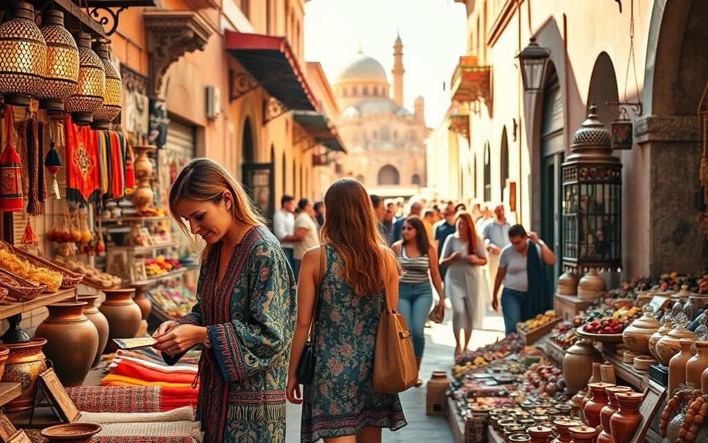 a group of three female travelers exploring the vibrant markets of Marrakech, Morocco. In the foreground, a woman in traditional Moroccan dress examines colorful textiles and spices laid out on a merchant's stall. Behind her, her companions browse an array of handcrafted lanterns, pottery, and jewelry. The middle ground features a bustling crowd of locals and tourists weaving through the narrow, sun-dappled alleys, creating an energetic atmosphere. In the background, the iconic architecture of mosques and riads rises up, casting warm, golden shadows across the scene. The lighting is soft and diffused, enhancing the rich, earthy tones of the Moroccan setting. The overall mood is one of cultural immersion, discovery, and the joys of solo female travel in this captivating North African destination. a group of three female travelers exploring the vibrant markets of Marrakech, Morocco. In the foreground, a woman in traditional Moroccan dress examines colorful textiles and spices laid out on a merchant's stall. Behind her, her companions browse an array of handcrafted lanterns, pottery, and jewelry. The middle ground features a bustling crowd of locals and tourists weaving through the narrow, sun-dappled alleys, creating an energetic atmosphere. In the background, the iconic architecture of mosques and riads rises up, casting warm, golden shadows across the scene. The lighting is soft and diffused, enhancing the rich, earthy tones of the Moroccan setting. The overall mood is one of cultural immersion, discovery, and the joys of solo female travel in this captivating North African destination.