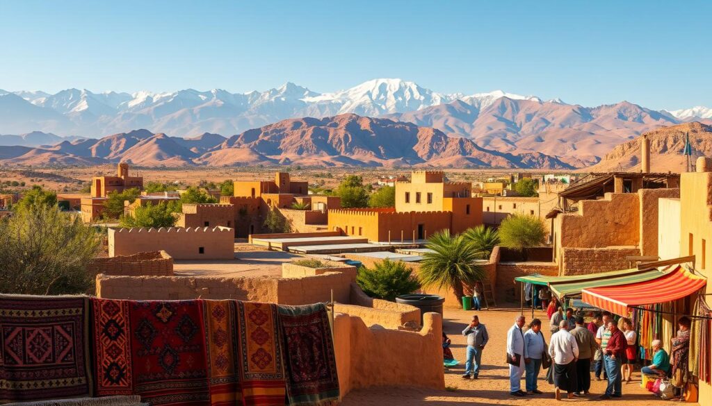 A scenic, sun-drenched vista of Azilal, Morocco's hidden gem. In the foreground, a group of local artisans showcase their vibrant, handwoven rugs and intricate silver jewelry against the backdrop of the Atlas Mountains. The middle ground features traditional mud-brick buildings and bustling marketplaces, their colorful awnings and stalls beckoning visitors. In the distance, towering peaks rise majestically, their snow-capped summits glowing in the warm, golden light. The atmosphere is one of cultural richness and timeless wonder, inviting the viewer to explore Azilal's historic sites and natural wonders. A scenic, sun-drenched vista of Azilal, Morocco's hidden gem. In the foreground, a group of local artisans showcase their vibrant, handwoven rugs and intricate silver jewelry against the backdrop of the Atlas Mountains. The middle ground features traditional mud-brick buildings and bustling marketplaces, their colorful awnings and stalls beckoning visitors. In the distance, towering peaks rise majestically, their snow-capped summits glowing in the warm, golden light. The atmosphere is one of cultural richness and timeless wonder, inviting the viewer to explore Azilal's historic sites and natural wonders.