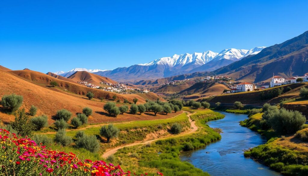 A serene landscape in Azilal, Morocco, where rolling hills meet the azure sky. In the foreground, a winding river flows peacefully, its banks dotted with vibrant wildflowers. Towering, snow-capped Atlas mountains rise majestically in the distance, their peaks bathed in warm, golden light. Amid the lush greenery, traditional Berber villages perch atop the hillsides, their whitewashed buildings and red-tiled roofs a picturesque contrast. A gentle breeze rustles the olive trees, creating a sense of tranquility and timelessness. This breathtaking scene, captured through a wide-angle lens, exudes the essence of Azilal's untamed beauty and the allure of its undiscovered adventures. A serene landscape in Azilal, Morocco, where rolling hills meet the azure sky. In the foreground, a winding river flows peacefully, its banks dotted with vibrant wildflowers. Towering, snow-capped Atlas mountains rise majestically in the distance, their peaks bathed in warm, golden light. Amid the lush greenery, traditional Berber villages perch atop the hillsides, their whitewashed buildings and red-tiled roofs a picturesque contrast. A gentle breeze rustles the olive trees, creating a sense of tranquility and timelessness. This breathtaking scene, captured through a wide-angle lens, exudes the essence of Azilal's untamed beauty and the allure of its undiscovered adventures.