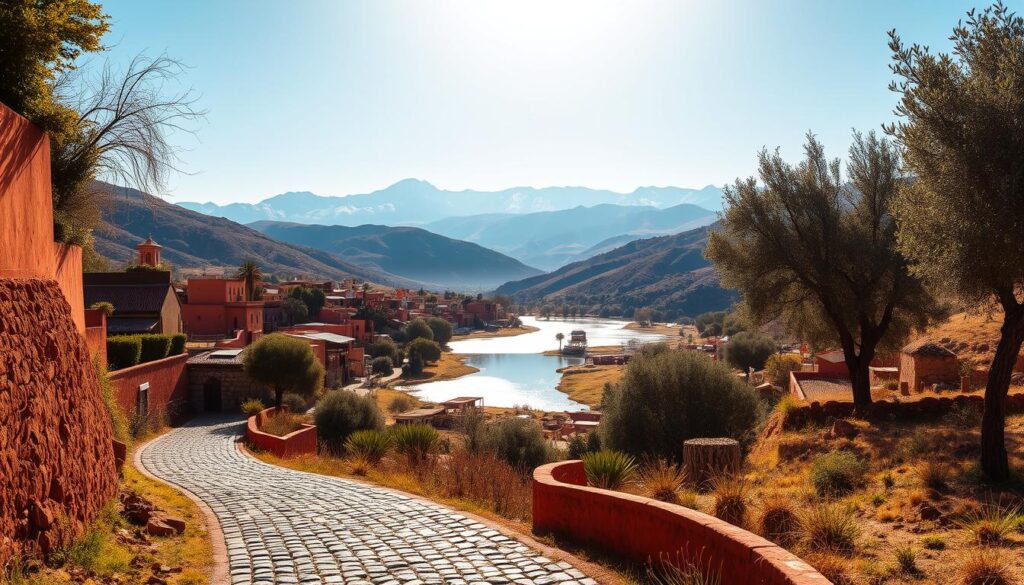 A sun-drenched landscape in Azilal, Morocco, where the rolling hills meet the majestic Atlas Mountains. In the foreground, a winding cobblestone path leads through a vibrant, traditional Moroccan village, its colorful buildings and lush greenery casting warm shadows. In the middle ground, a tranquil river reflects the azure sky, its banks dotted with date palms and olive trees. In the distance, the snowcapped peaks of the Atlas Mountains rise majestically, creating a breathtaking backdrop. The scene is bathed in a soft, golden light, capturing the serene and timeless essence of this hidden paradise. A sun-drenched landscape in Azilal, Morocco, where the rolling hills meet the majestic Atlas Mountains. In the foreground, a winding cobblestone path leads through a vibrant, traditional Moroccan village, its colorful buildings and lush greenery casting warm shadows. In the middle ground, a tranquil river reflects the azure sky, its banks dotted with date palms and olive trees. In the distance, the snowcapped peaks of the Atlas Mountains rise majestically, creating a breathtaking backdrop. The scene is bathed in a soft, golden light, capturing the serene and timeless essence of this hidden paradise.