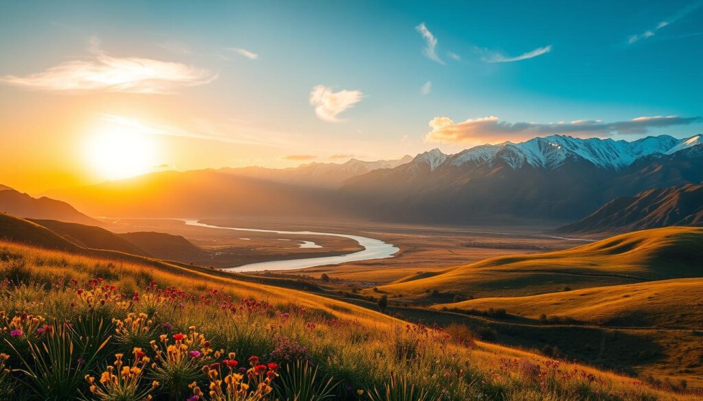 A sweeping vista of Azilal's majestic landscapes, captured under the warm glow of a golden hour sunset. In the foreground, lush, rolling hills dotted with vibrant wildflowers sway gently in a soft breeze. The middle ground features a meandering river, its crystal-clear waters reflecting the rugged, snow-capped Atlas Mountains that rise majestically in the distance. The scene is bathed in a soft, diffused light, creating a sense of tranquility and wonder. Wispy clouds drift overhead, adding depth and dimension to the image. This breathtaking panorama showcases the raw, untamed beauty that defines Azilal, Morocco's hidden paradise. A sweeping vista of Azilal's majestic landscapes, captured under the warm glow of a golden hour sunset. In the foreground, lush, rolling hills dotted with vibrant wildflowers sway gently in a soft breeze. The middle ground features a meandering river, its crystal-clear waters reflecting the rugged, snow-capped Atlas Mountains that rise majestically in the distance. The scene is bathed in a soft, diffused light, creating a sense of tranquility and wonder. Wispy clouds drift overhead, adding depth and dimension to the image. This breathtaking panorama showcases the raw, untamed beauty that defines Azilal, Morocco's hidden paradise.