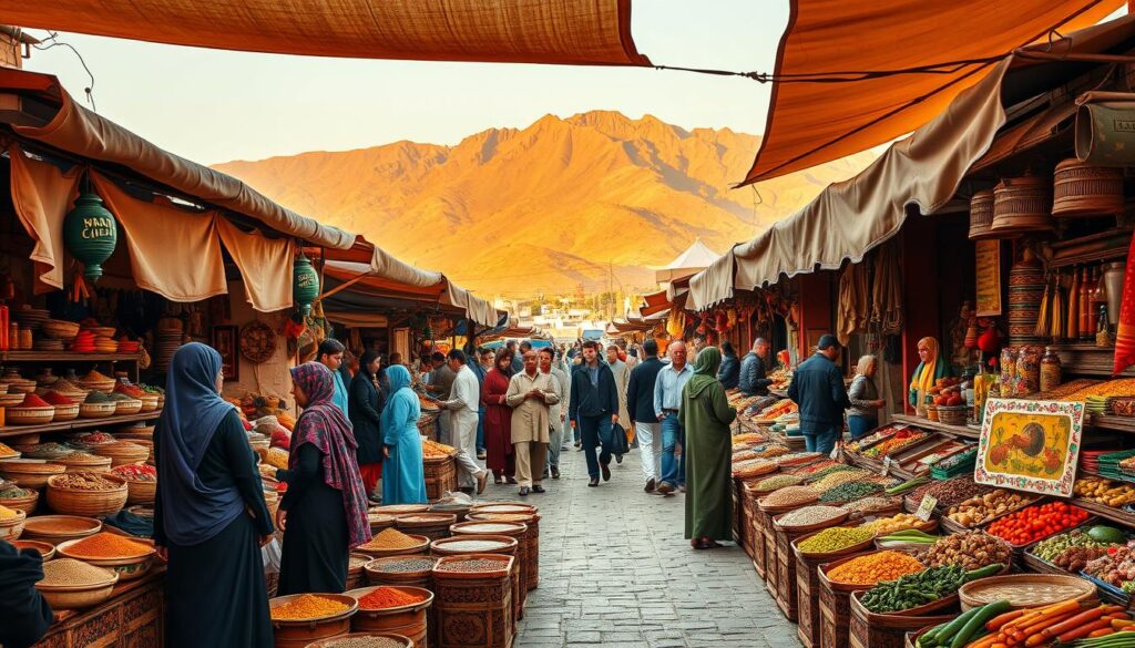 A vibrant market scene in the heart of Azilal, Morocco. In the foreground, a colorful array of spices, fresh produce, and traditional wares are displayed on ornate stalls. Vendors in traditional dress engage with eager customers, their lively conversation and bargaining adding to the lively atmosphere. The middle ground features the bustling crowd, a mix of locals and curious travelers, weaving through the narrow pathways. In the background, the stunning Atlas Mountains rise, their rugged peaks casting a warm, golden glow over the entire scene. Warm, diffused light filters through the canvas awnings, creating a cozy, authentic ambiance. The overall mood is one of cultural immersion, where the sights, sounds, and aromas of Azilal's unique cuisine come together in a captivating display. A vibrant market scene in the heart of Azilal, Morocco. In the foreground, a colorful array of spices, fresh produce, and traditional wares are displayed on ornate stalls. Vendors in traditional dress engage with eager customers, their lively conversation and bargaining adding to the lively atmosphere. The middle ground features the bustling crowd, a mix of locals and curious travelers, weaving through the narrow pathways. In the background, the stunning Atlas Mountains rise, their rugged peaks casting a warm, golden glow over the entire scene. Warm, diffused light filters through the canvas awnings, creating a cozy, authentic ambiance. The overall mood is one of cultural immersion, where the sights, sounds, and aromas of Azilal's unique cuisine come together in a captivating display.