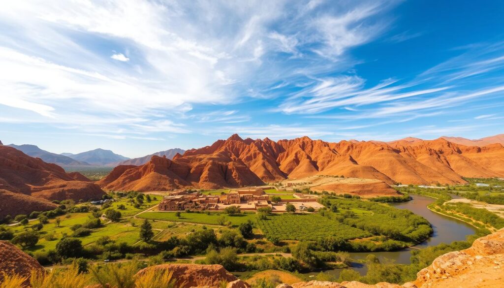 Azilal sights: A breathtaking Moroccan landscape. In the foreground, rugged, ochre-hued mountains rise majestically, their peaks kissed by wispy clouds. Nestled in the valley below, a cluster of traditional mud-brick buildings, their warm tones blending seamlessly with the surrounding environment. Lush, verdant fields and orchards dot the middle ground, hinting at the region's fertile bounty. In the distance, a winding river snakes through the landscape, its tranquil waters reflecting the stunning azure sky overhead. Warm, golden sunlight filters through, casting a soft, magical glow over the entire scene. A sense of timeless, unspoiled beauty pervades, inviting the viewer to immerse themselves in the serene, captivating essence of Azilal. Azilal sights: A breathtaking Moroccan landscape. In the foreground, rugged, ochre-hued mountains rise majestically, their peaks kissed by wispy clouds. Nestled in the valley below, a cluster of traditional mud-brick buildings, their warm tones blending seamlessly with the surrounding environment. Lush, verdant fields and orchards dot the middle ground, hinting at the region's fertile bounty. In the distance, a winding river snakes through the landscape, its tranquil waters reflecting the stunning azure sky overhead. Warm, golden sunlight filters through, casting a soft, magical glow over the entire scene. A sense of timeless, unspoiled beauty pervades, inviting the viewer to immerse themselves in the serene, captivating essence of Azilal.
