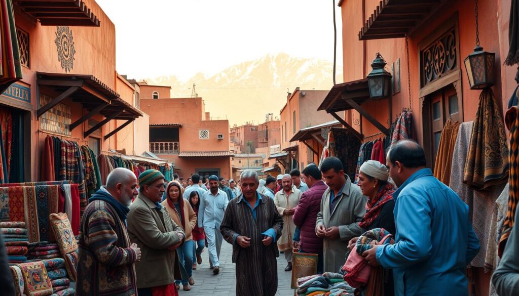 a vibrant market scene in the heart of Azilal, Morocco, showcasing the local culture and daily life. In the foreground, a group of men and women haggle over handcrafted textiles and artisanal wares, their lively expressions and gestures capturing the energy of the bustling marketplace. The middle ground features a mix of traditional Moroccan architecture, with colorful tiled facades and intricate wooden doors, while in the background, the majestic Atlas Mountains loom, their snow-capped peaks reflecting the warm, golden light of the afternoon sun. The scene is bathed in a warm, vibrant color palette, with the market stalls and people's traditional clothing creating a visually captivating and immersive experience. a vibrant market scene in the heart of Azilal, Morocco, showcasing the local culture and daily life. In the foreground, a group of men and women haggle over handcrafted textiles and artisanal wares, their lively expressions and gestures capturing the energy of the bustling marketplace. The middle ground features a mix of traditional Moroccan architecture, with colorful tiled facades and intricate wooden doors, while in the background, the majestic Atlas Mountains loom, their snow-capped peaks reflecting the warm, golden light of the afternoon sun. The scene is bathed in a warm, vibrant color palette, with the market stalls and people's traditional clothing creating a visually captivating and immersive experience.