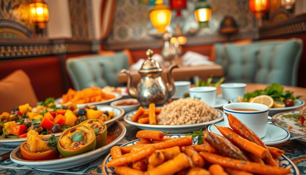 A beautifully arranged table featuring a variety of colorful vegetarian dishes typical of Marrakesh, including tagine filled with seasonal vegetables, couscous sprinkled with herbs, and fresh salads with citrus dressing. In the foreground, a vibrant platter of stuffed bell peppers and Moroccan spiced carrots. The middle ground showcases an ornate ceramic coffee pot and teacups, emphasizing traditional dining culture. The background reveals a softly-lit Moroccan restaurant with intricate mosaic tiles, colorful lanterns, and plush seating, creating a warm and inviting atmosphere. The scene is bathed in golden evening light, evoking a cozy ambiance perfect for enjoying a delicious vegetarian meal. The angle is slightly angled upward, enhancing the centerpiece of the table. A beautifully arranged table featuring a variety of colorful vegetarian dishes typical of Marrakesh, including tagine filled with seasonal vegetables, couscous sprinkled with herbs, and fresh salads with citrus dressing. In the foreground, a vibrant platter of stuffed bell peppers and Moroccan spiced carrots. The middle ground showcases an ornate ceramic coffee pot and teacups, emphasizing traditional dining culture. The background reveals a softly-lit Moroccan restaurant with intricate mosaic tiles, colorful lanterns, and plush seating, creating a warm and inviting atmosphere. The scene is bathed in golden evening light, evoking a cozy ambiance perfect for enjoying a delicious vegetarian meal. The angle is slightly angled upward, enhancing the centerpiece of the table.