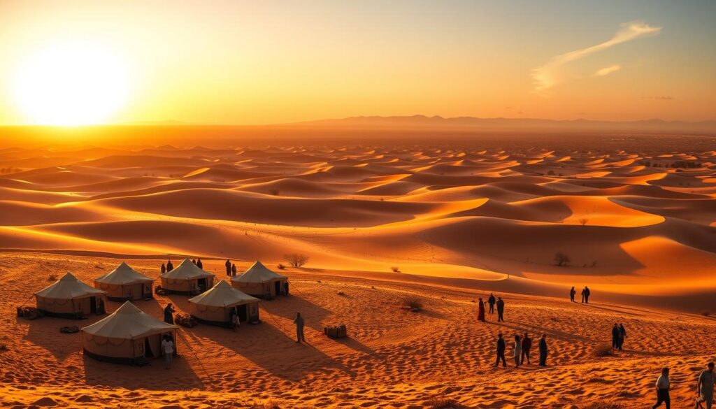 A breathtaking panoramic view of the Zagora Desert, showcasing the majestic sand dunes illuminated by the golden light of a setting sun. In the foreground, a cluster of traditional Moroccan tents arranged neatly, with local travelers dressed in modest, casual clothing exploring the area. The middle ground features undulating waves of golden sand, dotted with sparse, resilient vegetation and a few scattered rocks. In the background, the silhouette of the distant Anti-Atlas mountains creates a stunning contrast against the sky, which transitions from warm oranges to deep blues as twilight approaches. Soft shadows stretch across the landscape, enhancing the serene atmosphere, while a few wispy clouds add texture to the sky. This image captures the tranquil beauty and adventurous spirit of Zagora, inviting exploration.