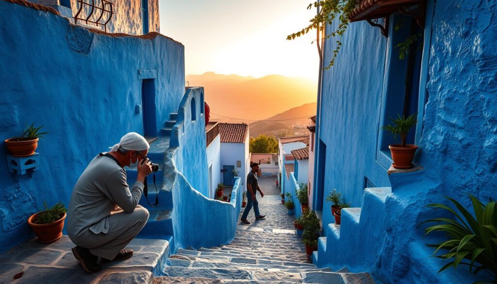 A breathtaking view of Chefchaouen, the blue city of Morocco, showcasing its iconic narrow streets lined with vibrant blue-washed buildings. In the foreground, an experienced photographer, dressed in modest casual attire, kneels with a camera, focusing on an artistic angle of a charming staircase adorned with potted plants. In the middle ground, traditional Moroccan architecture blends harmoniously with the enchanting blue hues, while a local artisan casually walks by, adding life to the scene. The background reveals the stunning Rif Mountains under a soft golden hour light, casting long shadows and creating a warm, inviting atmosphere. Capture this serene and picturesque moment, emphasizing the tranquility of capturing Instagram-worthy spots without crowds. The composition should evoke a sense of adventure and inspiration for aspiring photographers.