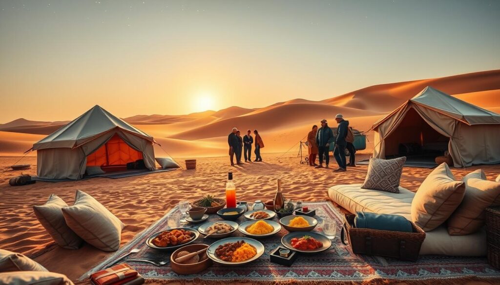 A luxurious desert camping scene in the Zagora Desert of Morocco, featuring a beautifully arranged campsite with elegant Berber tents and plush seating under a starlit sky. In the foreground, an inviting picnic spread with traditional Moroccan dishes, such as tagine and couscous, along with elegant glassware. The middle ground showcases a small group of people dressed in modest, casual clothing, engaged in preparing for their journey, with high-end backpacks and travel essentials neatly arranged. The background reveals rolling sand dunes bathed in warm golden light from a setting sun, creating a tranquil atmosphere. Capture this scene with a wide-angle lens to emphasize the vastness of the desert, with soft, diffused lighting to evoke a serene and adventurous mood.