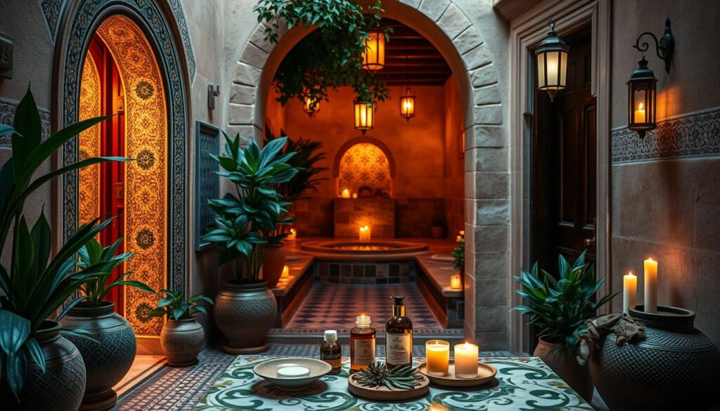 A serene Marrakesh spa, nestled in a quaint alley, features a stunning entrance adorned with intricate mosaics and lush potted plants. In the foreground, a beautifully arranged table displays natural spa products, like oils and herbs, enhanced by soft, ambient lighting. The middle ground showcases a tranquil hammam area with warm, inviting stone tiles and dim, flickering candlelight casting gentle shadows. In the background, glimpses of traditional Moroccan architecture provide an exotic flair, with arched doorways and colorful lanterns. The atmosphere is cozy and rejuvenating, inviting first-time visitors to discover this hidden gem. Capture this scene from a slightly elevated angle, using a soft focus to create a dreamy, tranquil mood. A serene Marrakesh spa, nestled in a quaint alley, features a stunning entrance adorned with intricate mosaics and lush potted plants. In the foreground, a beautifully arranged table displays natural spa products, like oils and herbs, enhanced by soft, ambient lighting. The middle ground showcases a tranquil hammam area with warm, inviting stone tiles and dim, flickering candlelight casting gentle shadows. In the background, glimpses of traditional Moroccan architecture provide an exotic flair, with arched doorways and colorful lanterns. The atmosphere is cozy and rejuvenating, inviting first-time visitors to discover this hidden gem. Capture this scene from a slightly elevated angle, using a soft focus to create a dreamy, tranquil mood.