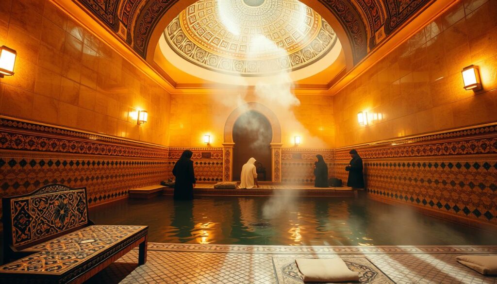 A serene and authentic hammam in Marrakesh, showcasing intricate Moroccan tile work and soft, warm lighting that envelops the space in a golden glow. In the foreground, a traditional mosaic bench elegantly adorned with colorful tiles invites relaxation, while steam gently rises in the air, creating a tranquil atmosphere. The middle ground features a stunning dome ceiling with ornate patterns, adding to the architectural beauty. In the background, modestly dressed local visitors engage in the therapeutic rituals of the hammam, capturing the essence of a non-touristy experience. The image is framed from a slightly low angle to emphasize the grandeur of the space, creating a peaceful, inviting mood that transports viewers to an authentic Moroccan oasis. A serene and authentic hammam in Marrakesh, showcasing intricate Moroccan tile work and soft, warm lighting that envelops the space in a golden glow. In the foreground, a traditional mosaic bench elegantly adorned with colorful tiles invites relaxation, while steam gently rises in the air, creating a tranquil atmosphere. The middle ground features a stunning dome ceiling with ornate patterns, adding to the architectural beauty. In the background, modestly dressed local visitors engage in the therapeutic rituals of the hammam, capturing the essence of a non-touristy experience. The image is framed from a slightly low angle to emphasize the grandeur of the space, creating a peaceful, inviting mood that transports viewers to an authentic Moroccan oasis.