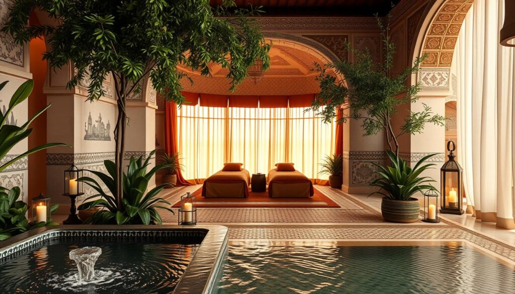A serene and inviting Moroccan spa in Marrakesh, featuring intricately patterned tiles and soft, ambient lighting. In the foreground, a tranquil mosaic fountain gently spills water amidst lush greenery and candlelit lanterns. In the middle, a beautifully designed treatment area showcases plush, low seating draped with rich, earthy-toned textiles, exuding warmth and comfort. The background displays ornate arches and traditional plasterwork, blending with soft, diffused sunlight filtering through sheer curtains. The atmosphere is calm and rejuvenating, with hints of exotic aromas wafting through the air. Capture this scene from a slightly elevated angle, focusing on the harmonious arrangement of the space while ensuring moderation and style throughout. The overall mood should evoke relaxation and a sense of authentic Moroccan culture, inviting the viewer to immerse themselves in the experience. A serene and inviting Moroccan spa in Marrakesh, featuring intricately patterned tiles and soft, ambient lighting. In the foreground, a tranquil mosaic fountain gently spills water amidst lush greenery and candlelit lanterns. In the middle, a beautifully designed treatment area showcases plush, low seating draped with rich, earthy-toned textiles, exuding warmth and comfort. The background displays ornate arches and traditional plasterwork, blending with soft, diffused sunlight filtering through sheer curtains. The atmosphere is calm and rejuvenating, with hints of exotic aromas wafting through the air. Capture this scene from a slightly elevated angle, focusing on the harmonious arrangement of the space while ensuring moderation and style throughout. The overall mood should evoke relaxation and a sense of authentic Moroccan culture, inviting the viewer to immerse themselves in the experience.