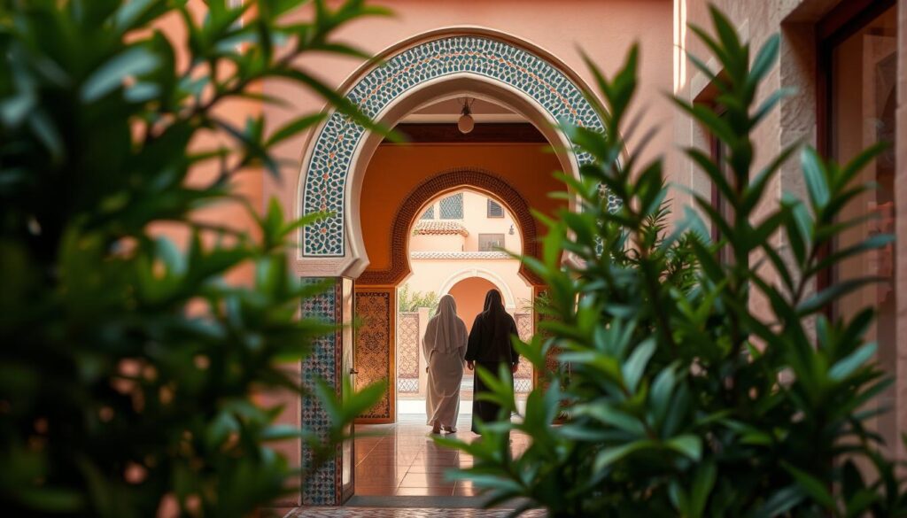A serene and inviting hammam in Marrakesh, nestled in a quiet alleyway away from the bustling streets. In the foreground, lush green plants frame the entrance, hinting at tranquility. The middle ground features beautifully tiled archways, with soft, warm lighting casting gentle shadows that enhance the intricate patterns on the walls. A few elegantly dressed individuals in modest clothing are seen entering, embodying the welcoming atmosphere. In the background, a glimpse of traditional Moroccan architecture accentuates the cultural authenticity. The scene is bathed in natural light, creating a peaceful and serene mood, perfect for first-time visitors seeking a unique experience. The angle is slightly elevated, showcasing both the entrance and the vibrant surroundings without any text or overlays. A serene and inviting hammam in Marrakesh, nestled in a quiet alleyway away from the bustling streets. In the foreground, lush green plants frame the entrance, hinting at tranquility. The middle ground features beautifully tiled archways, with soft, warm lighting casting gentle shadows that enhance the intricate patterns on the walls. A few elegantly dressed individuals in modest clothing are seen entering, embodying the welcoming atmosphere. In the background, a glimpse of traditional Moroccan architecture accentuates the cultural authenticity. The scene is bathed in natural light, creating a peaceful and serene mood, perfect for first-time visitors seeking a unique experience. The angle is slightly elevated, showcasing both the entrance and the vibrant surroundings without any text or overlays.