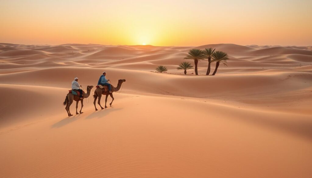 A serene desert landscape in the Zagora region of Morocco, capturing the essence of a peaceful Sahara adventure. In the foreground, a small group of travelers, dressed in modest, casual clothing, joyfully riding camels across soft, undulating sand dunes, with their shadows stretching gently behind them. In the middle ground, vibrant date palms emerge among the dunes, creating a lush contrast against the golden sands. The background features a mesmerizing sunset sky painted with warm oranges and purples, casting a soft, golden light over the scene. Use a wide-angle lens to emphasize the vastness of the desert, and capture the tranquil mood and adventure of exploring this unique destination.