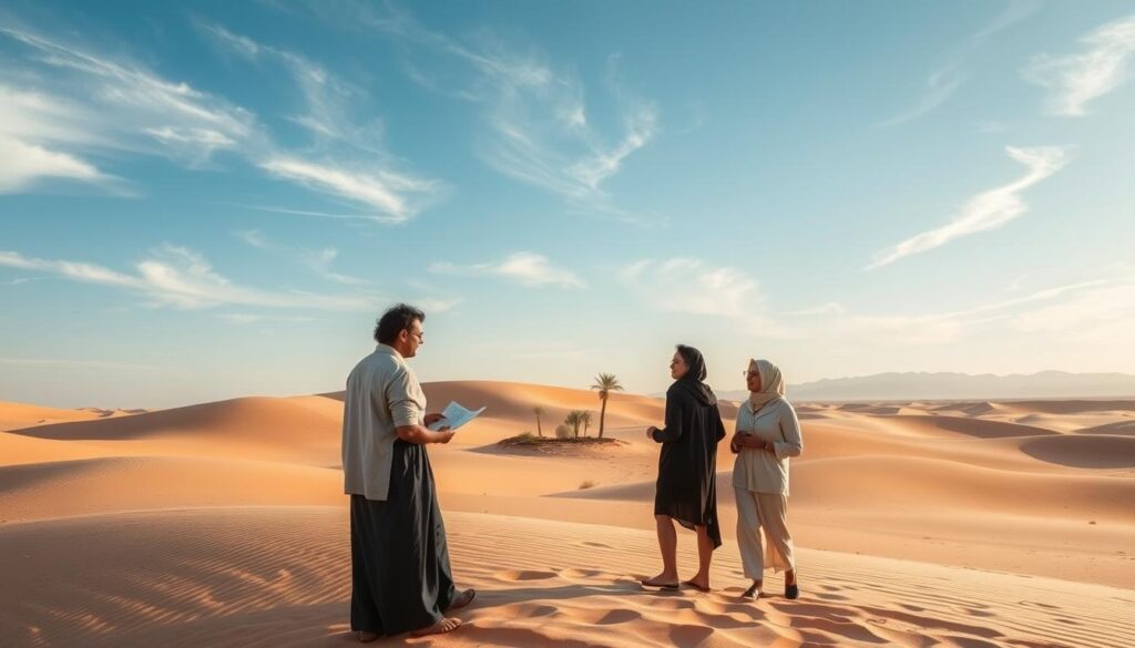 A serene desert landscape in the Zagora region of the Sahara, featuring gentle sand dunes under a bright blue sky with wispy clouds. In the foreground, include a diverse group of three individuals dressed in modest, breathable clothing suitable for warm weather, looking at a map and discussing safety tips. In the middle ground, add subtle elements like a small oasis with palm trees and a few local flora for context. The background should depict distant mountains, creating a sense of depth and adventure. The lighting is warm and golden, suggesting late afternoon, casting soft shadows. The atmosphere is calm yet adventurous, conveying a sense of preparation and excitement for first-time visitors.