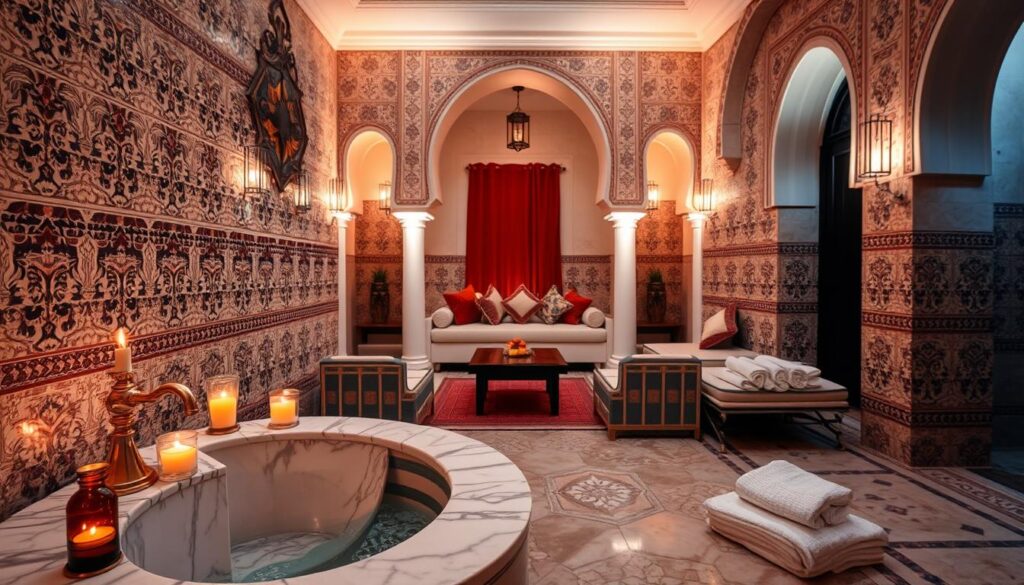 A serene interior of a private hammam in Marrakesh, featuring intricately tiled walls and soft, ambient lighting that creates a calming atmosphere. In the foreground, a beautifully crafted marble basin with aromatic oils and candles placed nearby, surrounded by plush towels. In the middle, elegant seating areas with richly colored textiles and patterned cushions invite relaxation. The background showcases arches and lanterns casting gentle shadows, enhancing the tranquil ambiance. The mood is one of luxury and comfort. The scene is well-lit, resembling a cozy spa atmosphere, with a wide-angle view that captures the entire space. A serene interior of a private hammam in Marrakesh, featuring intricately tiled walls and soft, ambient lighting that creates a calming atmosphere. In the foreground, a beautifully crafted marble basin with aromatic oils and candles placed nearby, surrounded by plush towels. In the middle, elegant seating areas with richly colored textiles and patterned cushions invite relaxation. The background showcases arches and lanterns casting gentle shadows, enhancing the tranquil ambiance. The mood is one of luxury and comfort. The scene is well-lit, resembling a cozy spa atmosphere, with a wide-angle view that captures the entire space.