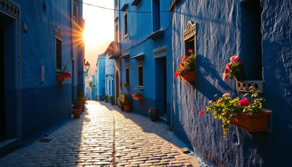A serene, picturesque blue alleyway in Chefchaouen, Morocco, with vibrant cobalt buildings adorned with intricate details and charming window planters overflowing with colorful flowers. In the foreground, a cobblestone path leading through the alley, dappled with soft, golden sunlight filtering through the buildings above. The middle ground captures the narrow passage flanked by vibrant blue walls, creating a cozy, intimate atmosphere perfect for photography. In the background, hints of the Rif Mountains can be seen softly lit by the warm colors of sunset, enhancing the serene ambiance. Use a wide-angle lens to capture the depth of the scene, focusing on the rich textures of the walls and the playful interplay of light and shadow. The mood is calm and inviting, evoking a sense of exploration and wonder.