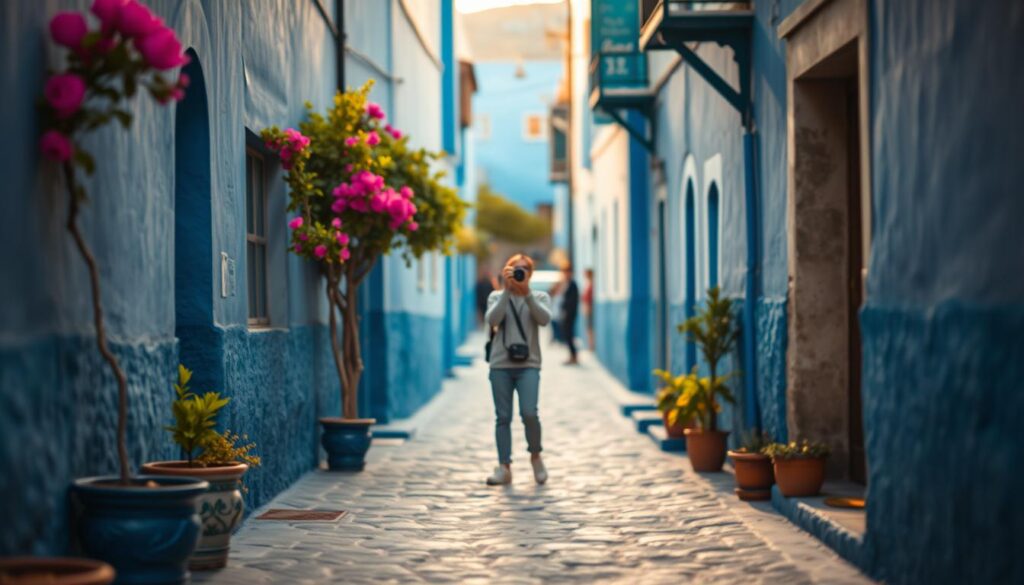A serene scene in the blue-painted streets of Chefchaouen, Morocco, capturing the essence of avoiding tourist crowds while maximizing photography opportunities. In the foreground, an empty, picturesque alleyway with vibrant blue walls and blooming potted plants, inviting a sense of tranquility. In the middle ground, a solitary traveler in modest casual clothing, poised with a camera, capturing the beauty around them, emphasizing their thoughtful approach to photography. In the background, softly blurred silhouettes of distant tourists, ensuring the focus remains on the tranquility of the scene. The image is bathed in warm, golden hour lighting, creating a cozy atmosphere, shot from a slightly elevated angle to showcase the quaint architecture and charm of the region. The mood is calm, reflective, and inspiring for photographers seeking unique shots without distractions.