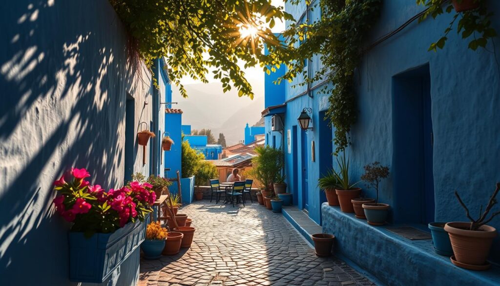 A tranquil scene capturing the hidden gems of Chefchaouen, showcasing vibrant blue-washed buildings nestled against a backdrop of the Rif Mountains. In the foreground, a narrow cobblestone alley adorned with colorful flower pots, creating a lively contrast. The middle ground reveals a quaint cafe, with tables set outside under soft, dappled sunlight filtering through lush greenery overhead. The background features the iconic mountains, bathed in warm golden hour light. The composition encourages exploration and discovery, with an inviting atmosphere that inspires photography. The angle should be slightly elevated, providing a sweeping view while maintaining a sense of intimacy. The image is infused with a peaceful and serene mood, perfect for capturing the essence of Chefchaouen's unique charm.