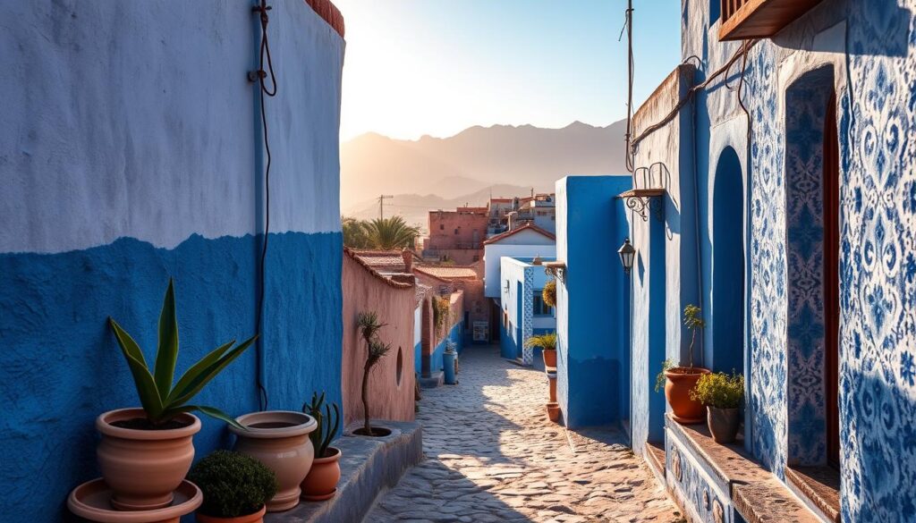 A tranquil scene in Chefchaouen, Morocco, showcasing lesser-known photo spots ideal for photography. In the foreground, intricately painted blue and white walls with detailed textures and potted plants add charm. The middle ground features winding, narrow alleys with traditional Moroccan architecture, enhanced by soft afternoon sunlight casting gentle shadows. The background reveals the majestic Rif Mountains, their rugged peaks softened by a light haze, creating a serene atmosphere. The scene captures late golden hour light, emphasizing vibrant blues and warm earth tones. The mood is peaceful and inviting, encouraging exploration away from the crowded tourist areas. The composition should have a wide-angle perspective to capture the depth of the location, emphasizing the beauty and tranquility of Chefchaouen's hidden gems. No people present.
