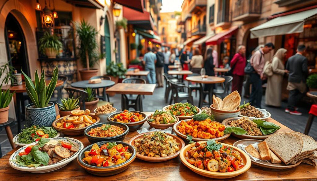 A vibrant scene depicting the top vegetarian cafes in Marrakesh, showcasing colorful street food delicacies. In the foreground, a wooden table laden with a variety of beautifully plated Moroccan vegetarian dishes, such as tagines filled with vibrant vegetables and aromatic spices, alongside fresh salads and artisanal bread. In the middle ground, charming café elements like potted plants, mosaic tile designs, and ambient lighting create an inviting atmosphere. The background features the bustling streets of Marrakesh with traditional Moroccan architecture and lively interactions among patrons, dressed in modest casual clothing. The scene is illuminated by warm, golden afternoon light, enhancing the colors and textures of the food and surroundings, capturing the essence of a must-try vegetarian street food experience. A vibrant scene depicting the top vegetarian cafes in Marrakesh, showcasing colorful street food delicacies. In the foreground, a wooden table laden with a variety of beautifully plated Moroccan vegetarian dishes, such as tagines filled with vibrant vegetables and aromatic spices, alongside fresh salads and artisanal bread. In the middle ground, charming café elements like potted plants, mosaic tile designs, and ambient lighting create an inviting atmosphere. The background features the bustling streets of Marrakesh with traditional Moroccan architecture and lively interactions among patrons, dressed in modest casual clothing. The scene is illuminated by warm, golden afternoon light, enhancing the colors and textures of the food and surroundings, capturing the essence of a must-try vegetarian street food experience.