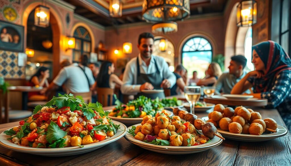 A vibrant scene showcasing a selection of colorful vegan dishes displayed on a rustic wooden table in a cozy Marrakesh restaurant. In the foreground, a beautifully arranged plate of tabbouleh, roasted vegetables, and chickpea skewers, garnished with fresh herbs and vibrant spices. In the middle ground, a friendly server in modest casual attire greets a diverse group of patrons, each enjoying their plant-based meals. The background reflects the rich architecture of Marrakesh, with intricate tiles and hanging lanterns casting warm, inviting lights. The atmosphere is bustling yet relaxed, evoking a sense of community and culinary adventure. The lighting is soft and warm, enhancing the colors of the dishes and creating an inviting ambiance reminiscent of a sunny afternoon in Morocco. A vibrant scene showcasing a selection of colorful vegan dishes displayed on a rustic wooden table in a cozy Marrakesh restaurant. In the foreground, a beautifully arranged plate of tabbouleh, roasted vegetables, and chickpea skewers, garnished with fresh herbs and vibrant spices. In the middle ground, a friendly server in modest casual attire greets a diverse group of patrons, each enjoying their plant-based meals. The background reflects the rich architecture of Marrakesh, with intricate tiles and hanging lanterns casting warm, inviting lights. The atmosphere is bustling yet relaxed, evoking a sense of community and culinary adventure. The lighting is soft and warm, enhancing the colors of the dishes and creating an inviting ambiance reminiscent of a sunny afternoon in Morocco.