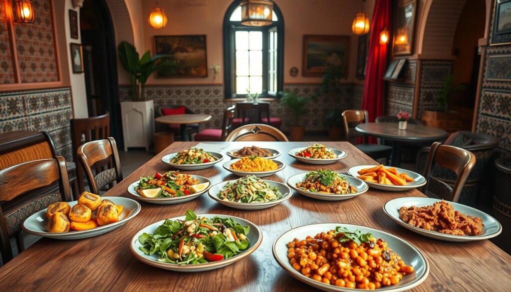 A vibrant scene showcasing a selection of colorful vegan dishes in a cozy café setting in the Medina of Marrakesh. In the foreground, a large wooden table is adorned with beautifully arranged plates of plant-based meals, featuring dishes like stuffed bell peppers, couscous salad, and spiced vegetable tagine. The middle ground includes rustic chairs and vibrant Moroccan textiles. The background reveals intricate tile work and hanging lanterns, adding warmth to the atmosphere. Soft, natural lighting filters through a window, casting gentle shadows. The mood is inviting and peaceful, reflecting a harmonious blend of traditional Moroccan aesthetics with healthy vegan cuisine. A vibrant scene showcasing a selection of colorful vegan dishes in a cozy café setting in the Medina of Marrakesh. In the foreground, a large wooden table is adorned with beautifully arranged plates of plant-based meals, featuring dishes like stuffed bell peppers, couscous salad, and spiced vegetable tagine. The middle ground includes rustic chairs and vibrant Moroccan textiles. The background reveals intricate tile work and hanging lanterns, adding warmth to the atmosphere. Soft, natural lighting filters through a window, casting gentle shadows. The mood is inviting and peaceful, reflecting a harmonious blend of traditional Moroccan aesthetics with healthy vegan cuisine.