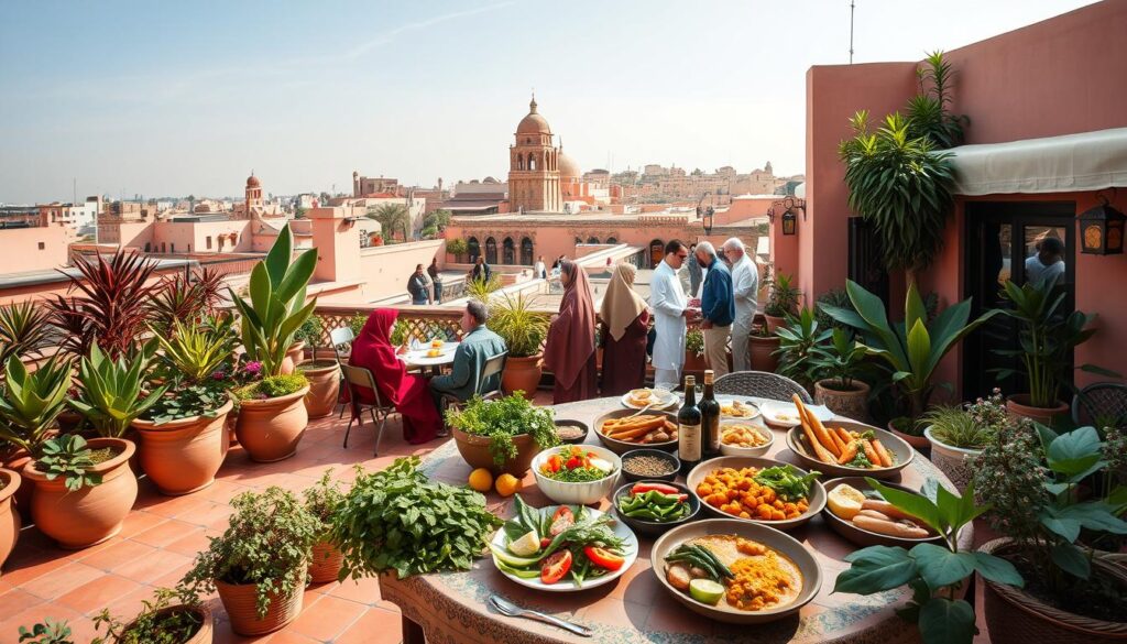 A vibrant scene showcasing vegetarian-friendly attractions in Marrakesh, featuring a lush rooftop garden of a traditional Moroccan restaurant filled with colorful plants, herbs, and spices. In the foreground, a beautifully set table adorned with an assortment of fresh vegetarian dishes like tagines, salads, and couscous, surrounded by elegant terra-cotta tiles. In the middle, groups of diverse individuals in modest, casual attire enjoying their meals and conversing, reflecting a sense of community. In the background, the iconic architecture of Marrakesh with its intricate mosaics and bustling streets, under a bright, sunny sky. Soft, warm lighting to capture the inviting atmosphere, shot with a wide-angle lens to enhance the depth and vibrancy of the scene. A vibrant scene showcasing vegetarian-friendly attractions in Marrakesh, featuring a lush rooftop garden of a traditional Moroccan restaurant filled with colorful plants, herbs, and spices. In the foreground, a beautifully set table adorned with an assortment of fresh vegetarian dishes like tagines, salads, and couscous, surrounded by elegant terra-cotta tiles. In the middle, groups of diverse individuals in modest, casual attire enjoying their meals and conversing, reflecting a sense of community. In the background, the iconic architecture of Marrakesh with its intricate mosaics and bustling streets, under a bright, sunny sky. Soft, warm lighting to capture the inviting atmosphere, shot with a wide-angle lens to enhance the depth and vibrancy of the scene.