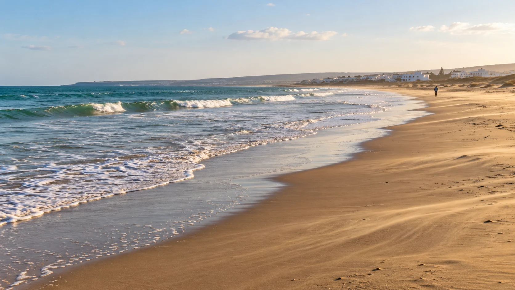 AI-generated illustration of Atlantic surf, a wide sandy beach and distant coastal buildings