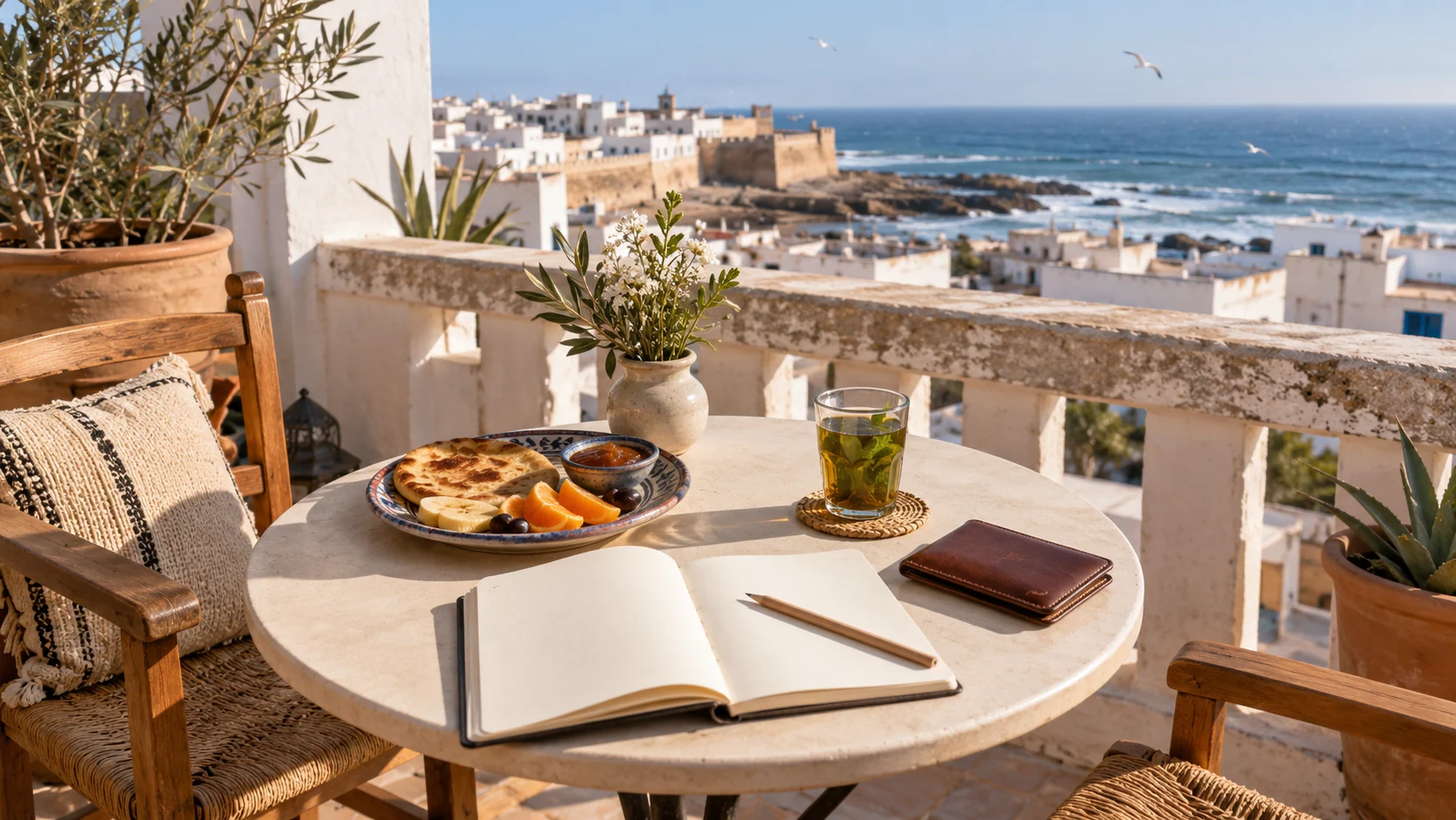 AI-generated illustration of a travel notebook, wallet, mint tea and breakfast on a Moroccan coastal terrace