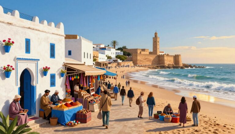 Illustration of white and blue Moroccan buildings beside the Atlantic coast
