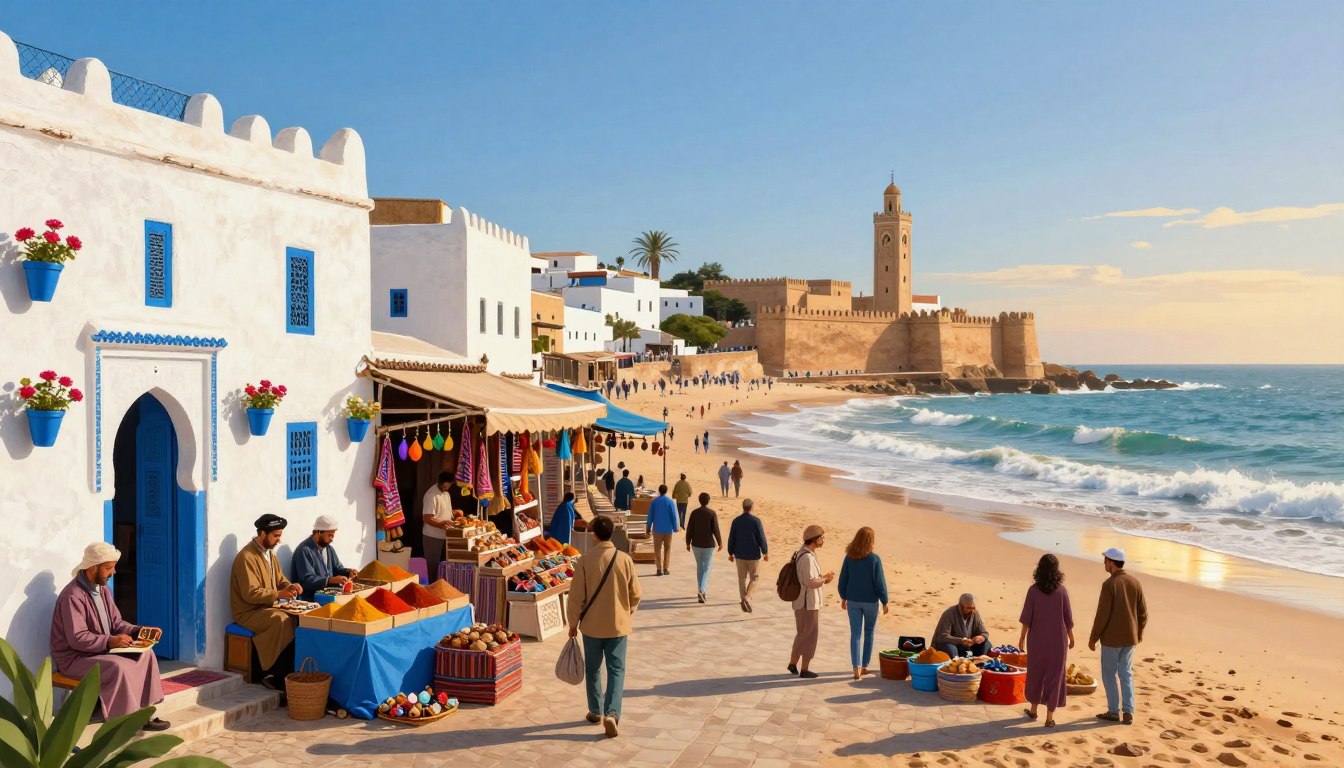 Illustration of white and blue Moroccan buildings beside the Atlantic coast