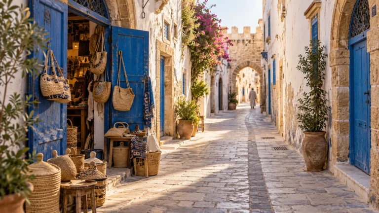 AI-generated illustration of an Essaouira-inspired whitewashed medina lane with blue wooden doors and artisan baskets