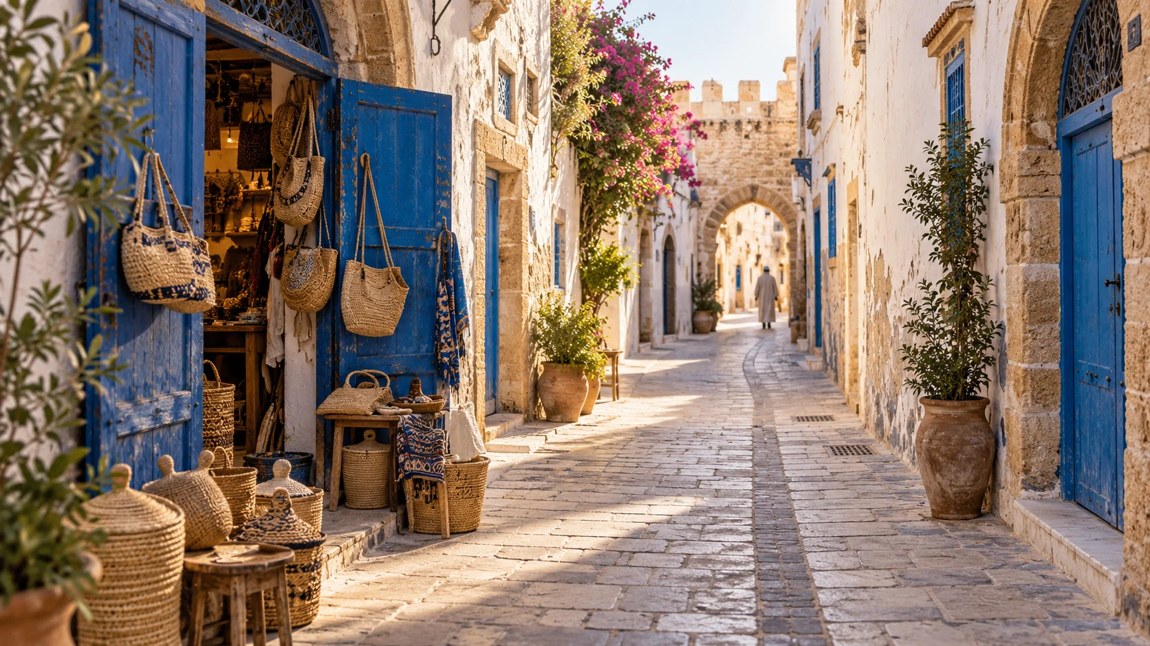 AI-generated illustration of an Essaouira-inspired whitewashed medina lane with blue wooden doors and artisan baskets