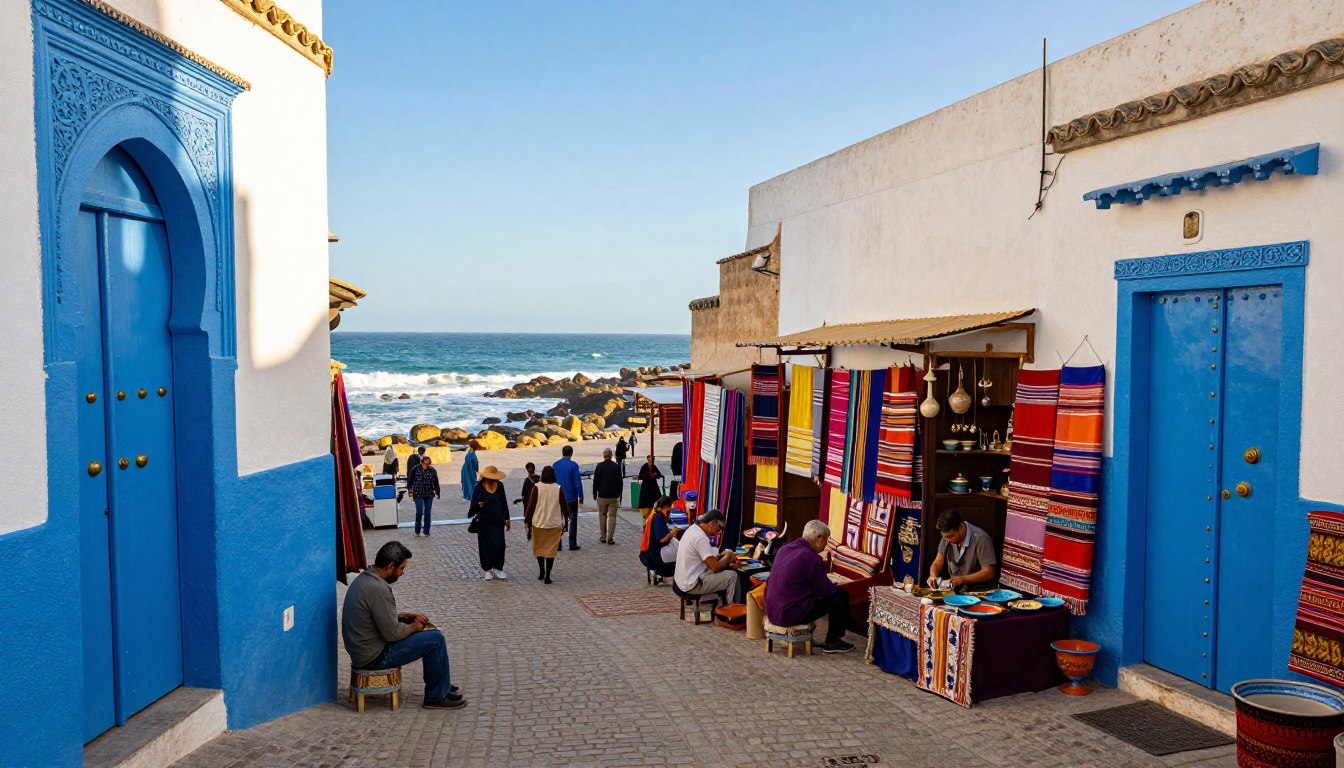 Illustration of blue and white medina streets, market stalls and the coast