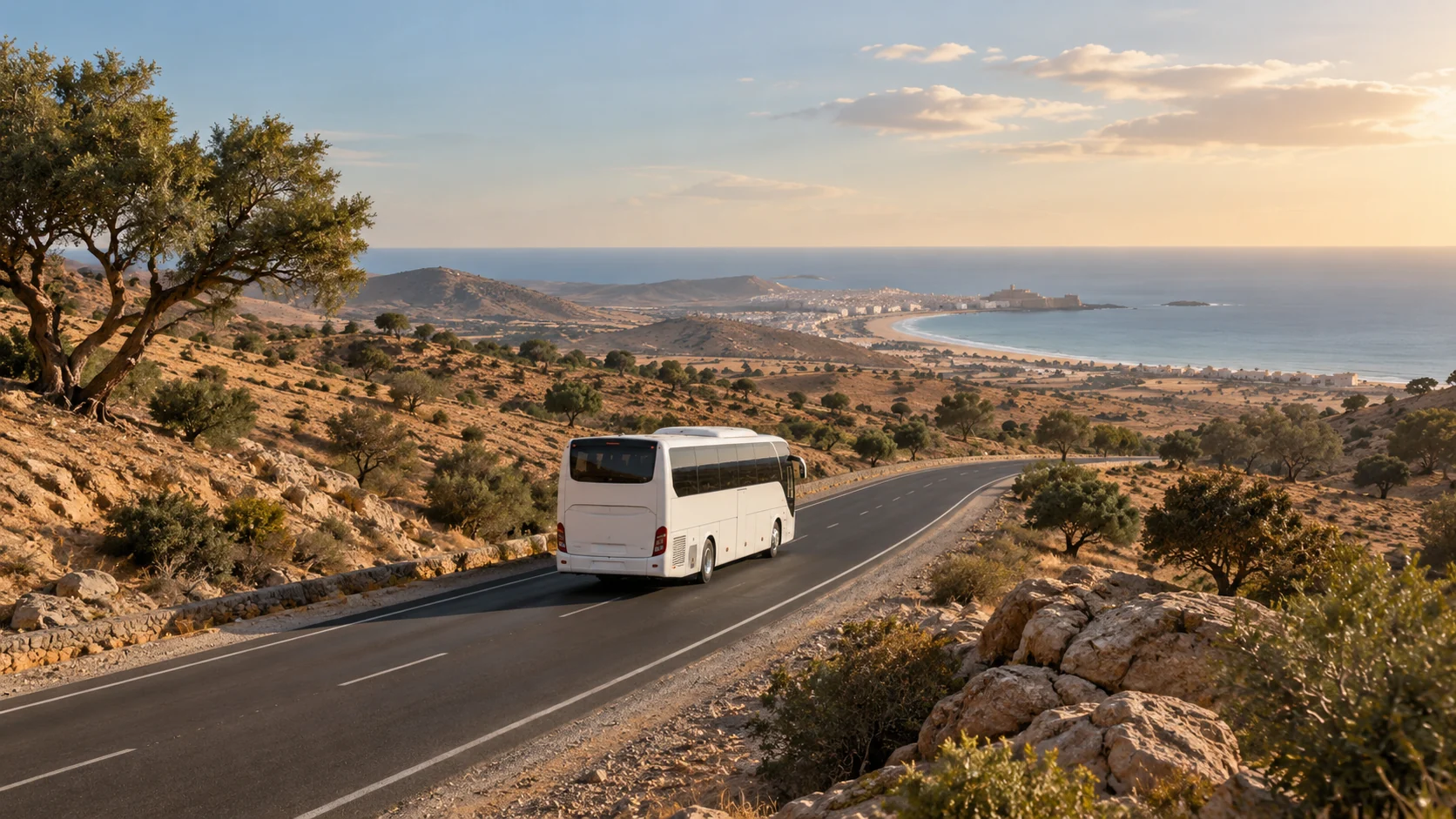 AI-generated illustration of an unbranded coach on a Moroccan road overlooking the Atlantic coast