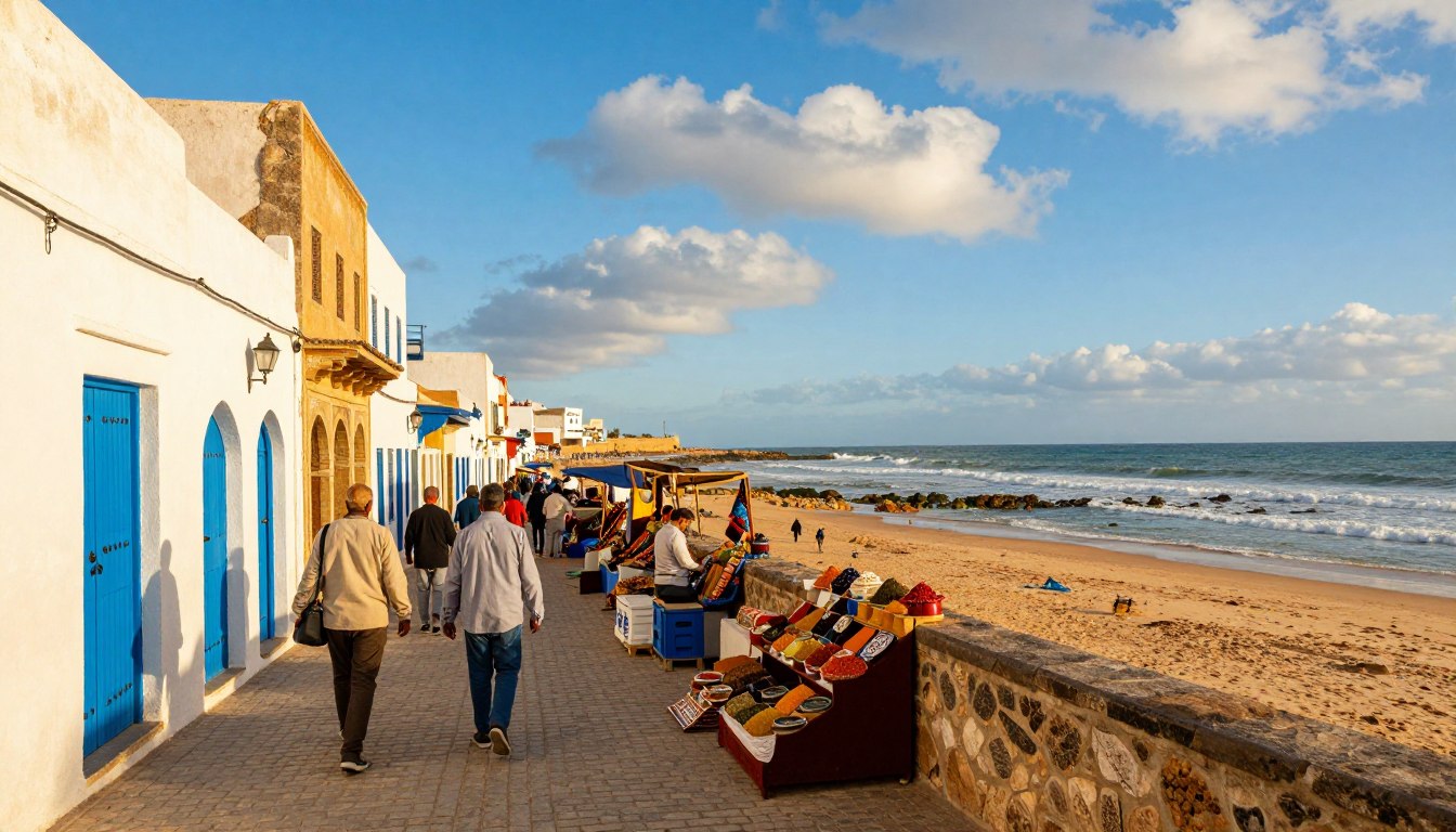 Illustration of visitors walking from Moroccan medina streets towards the ocean